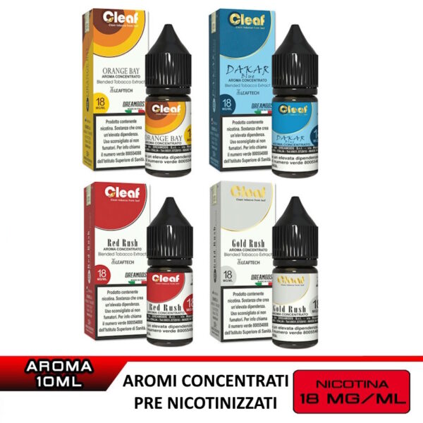 Cleaf Aroma 10 ml DreaMods estratti di Tabacco aroma pre nicotinizzato full pg nic 18mg - Red Rush-Gold Rush-Dakar-Orange Bay